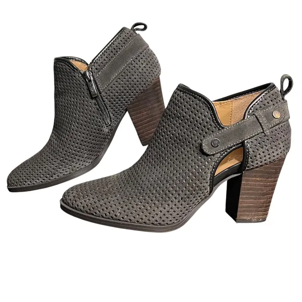 Franco Sarto Shoes Womens Size 7M Gray Perforated Leather Booties Block Heel Zip - Image 2