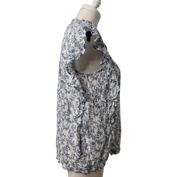 Beachlunchlounge‎ White Blue Floral Ruffle Neck Cotton Sleeveless Blouse Small - Image 6