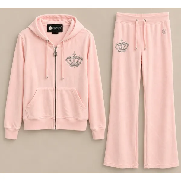Christine Alexander Women Tracksuit L Pink Y2K Rhinestone Crown Hoodie Pants Set - Image 3