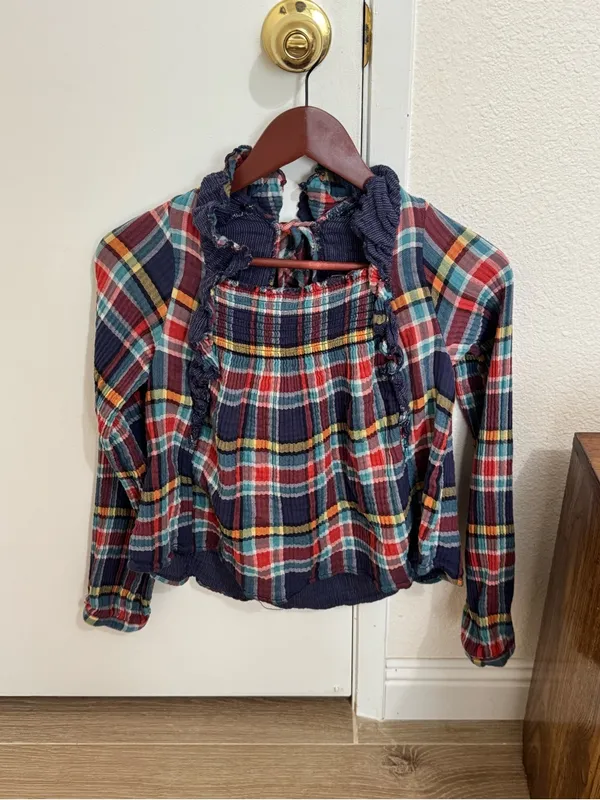 Free People Plaid Ruffle Square-Neck Top in Navy Red Yellow - Image 3