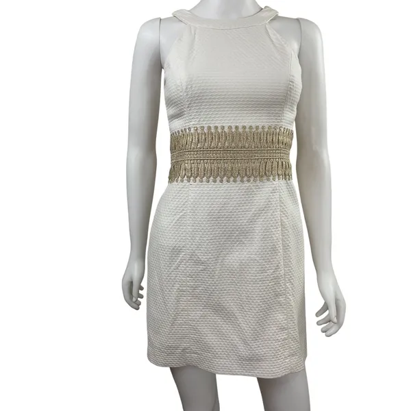 Lilly Pulitzer‎ White Textured Neck Halter Dress Gold Embellished Waist Size 00 - Image 4
