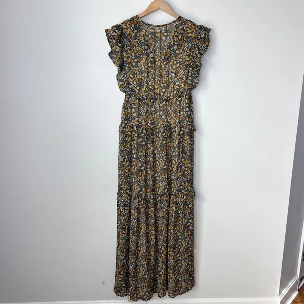 ba&sh Samantha Ruffled Leaf Print‎ Maxi Dress Black Gold Flutter Sleeve Small - Image 5