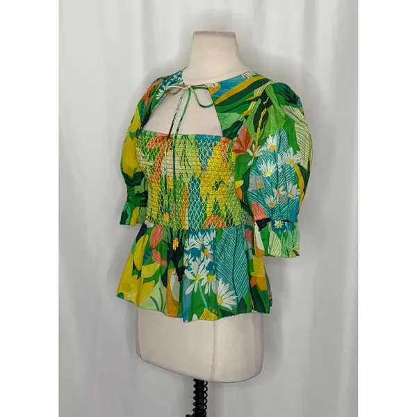 NEW!! FARM RIO Vintage Toucans Smocked‎ Peplum Top Blouse Tropical Small - Image 6