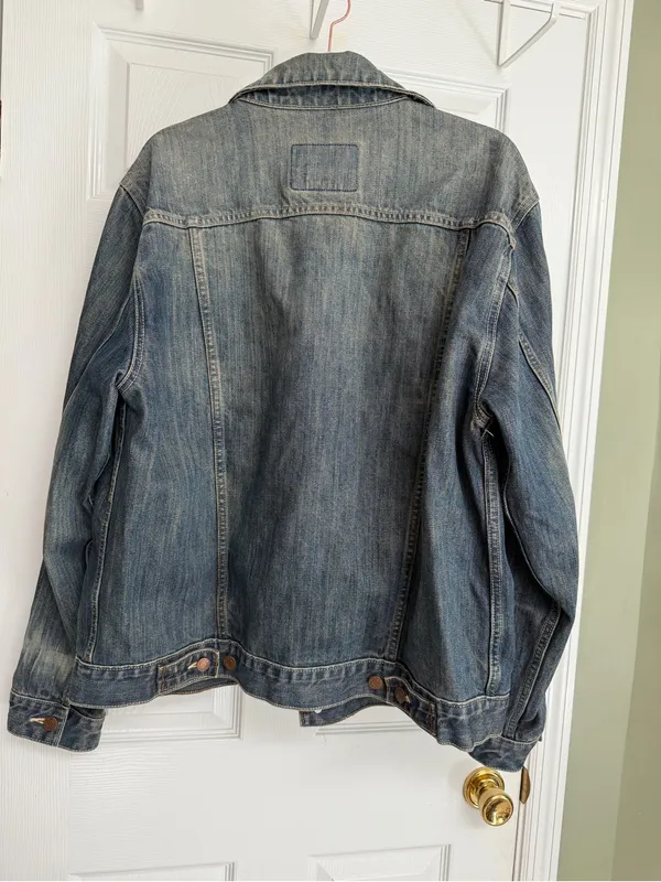 Old Navy Blue Distressed Fadded Denim Jacket with Button Front - Image 2