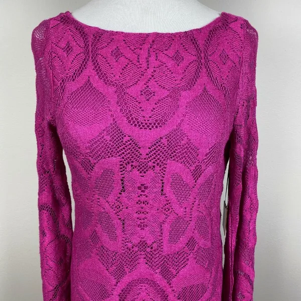 Nightcap Mini Dress Large Pink‎ Lace Open Back Bell Sleeve Boho Boatneck New NWT - Image 6