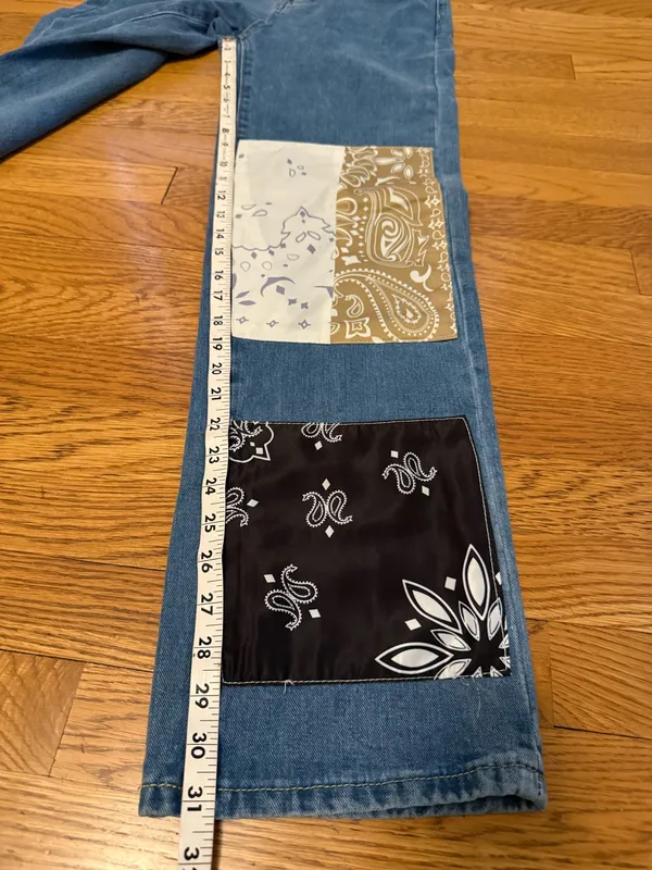 SheIn Straight / Wide Leg Patchwork Bandana Denim jeans in Blue size XS - Image 11