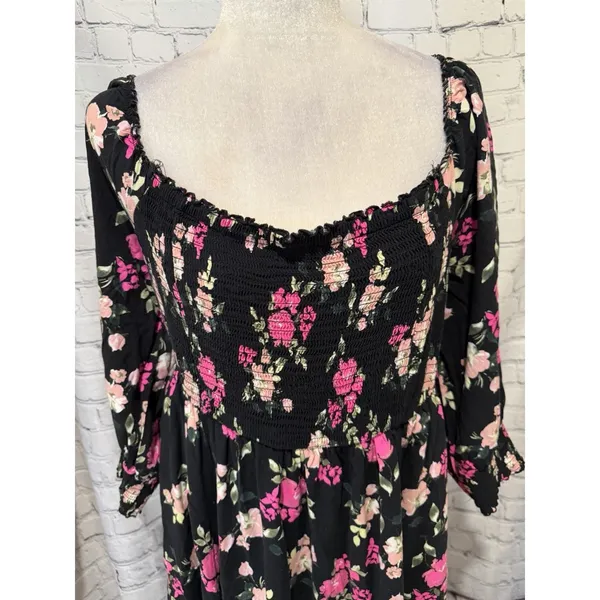 Torrid Black Floral Challis Smocked Long Sleeve Dress Plus Size 2 2X - Image 3