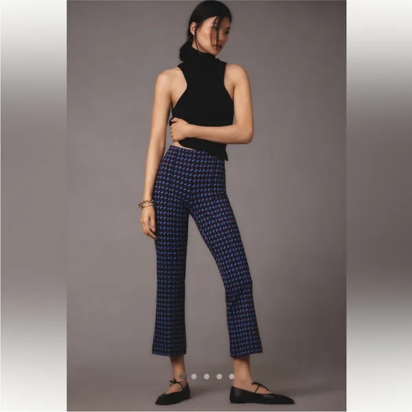 Anthropologie Maeve Margot Kick Crop Pants in Maroon & Blue Houndstooth - Image 2
