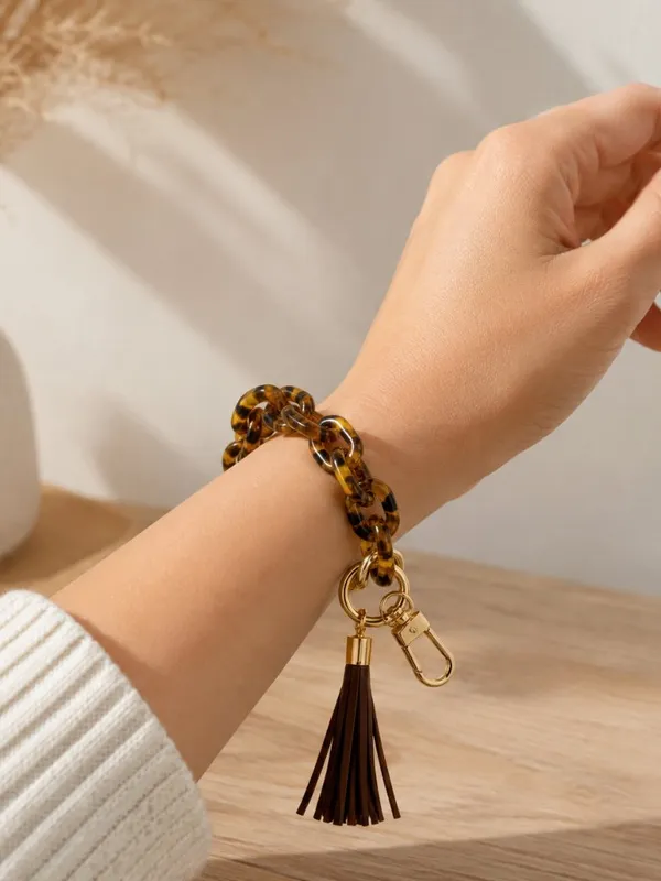 Tortoise Shell Acrylic Key Ring Bracelet Wristlet Tassel Brown Gold NWT - Image 2