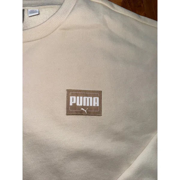 Puma Sweatshirt Women Large Cream‎ Excellent Oversized Crewneck Fleece Logo Slit - Image 3
