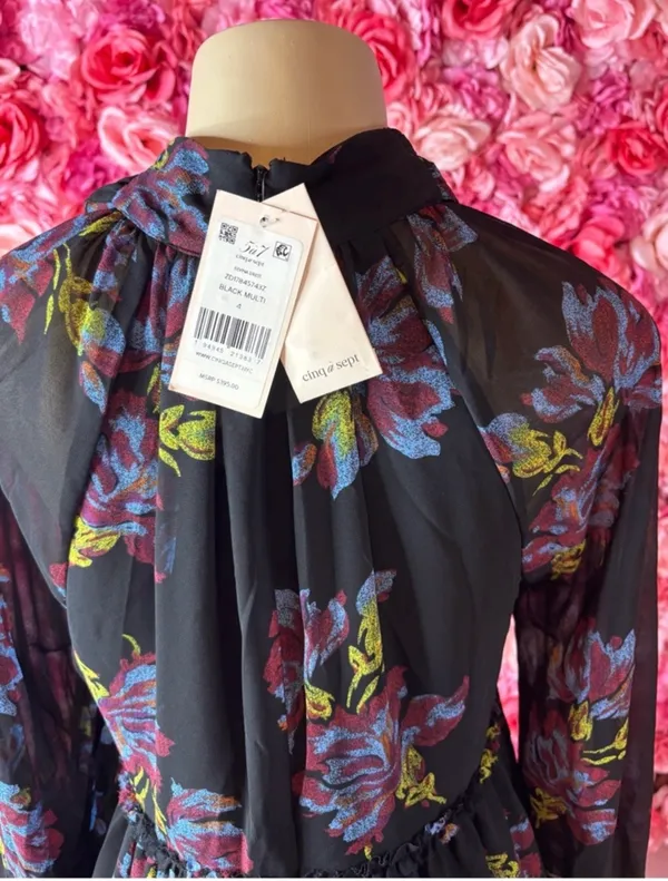 Bold Cinq à Sept Black Multi Floral Dress Size 4 - Image 2