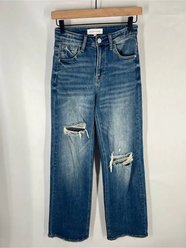 Risen Jeans High Rise Ripped Wide Leg Jeans Distressed Raw Hem Size 1/25 - Image 2