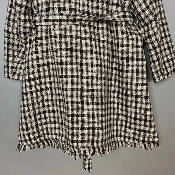 NWT Grace Karin Tweed Pea Coat Plaid Women Size XL Raw Edges Belted Cream Brown‎ - Image 7