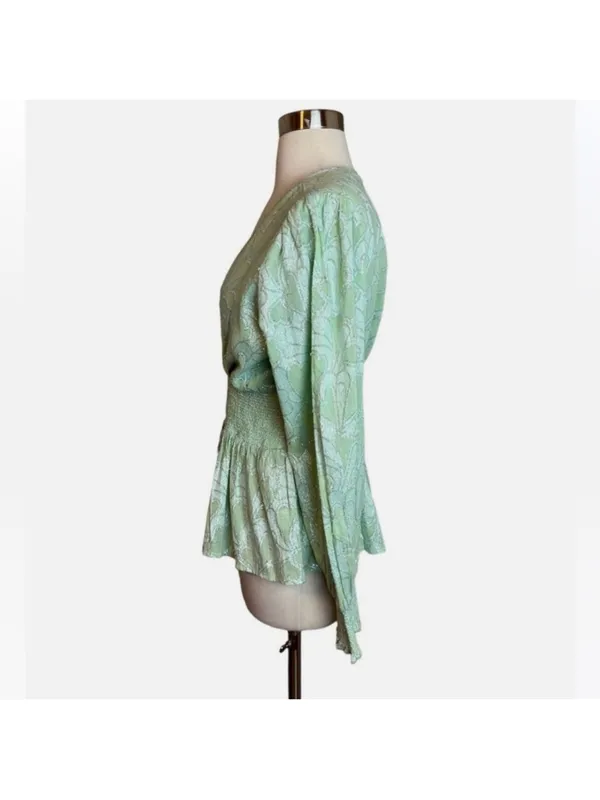 $118 Roller Rabbit Top Mint Green Metallic Jacquard V Neck Long Sleeve S - Image 4