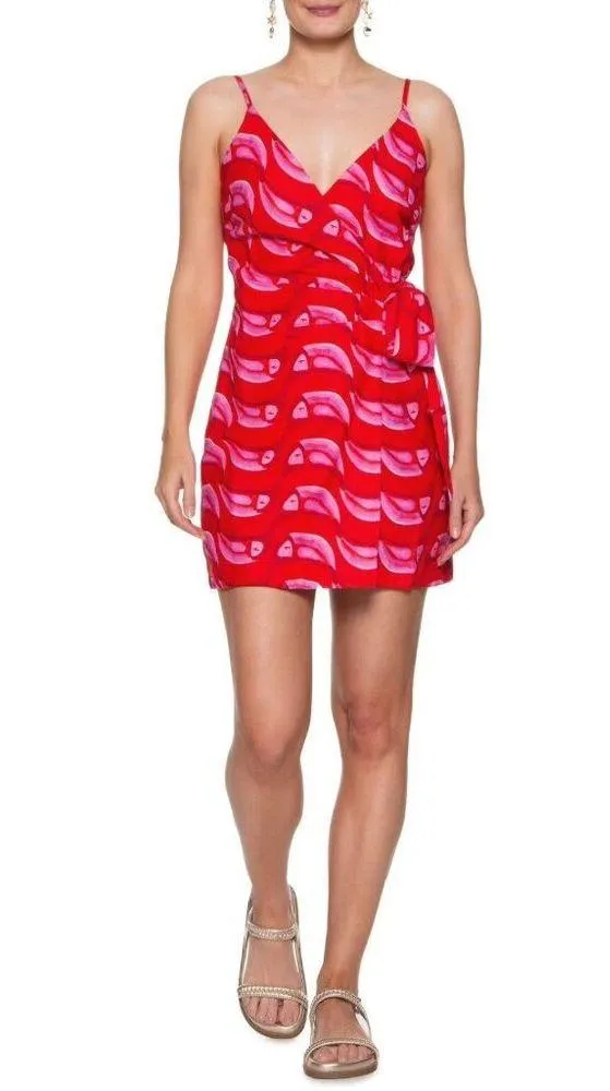 NWT Farm Rio Linen blend Copabanana Wrap Mini Dress Red Pink Size M - Image 2