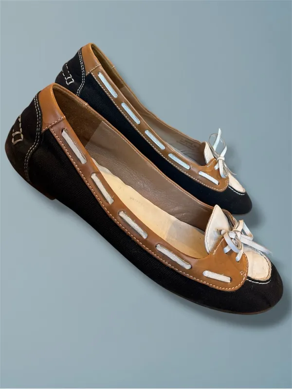 Cole Haan Nike Air Boat Shoe Driving Flats Black Canvas Tan Leather Bow Size 7B - Image 3