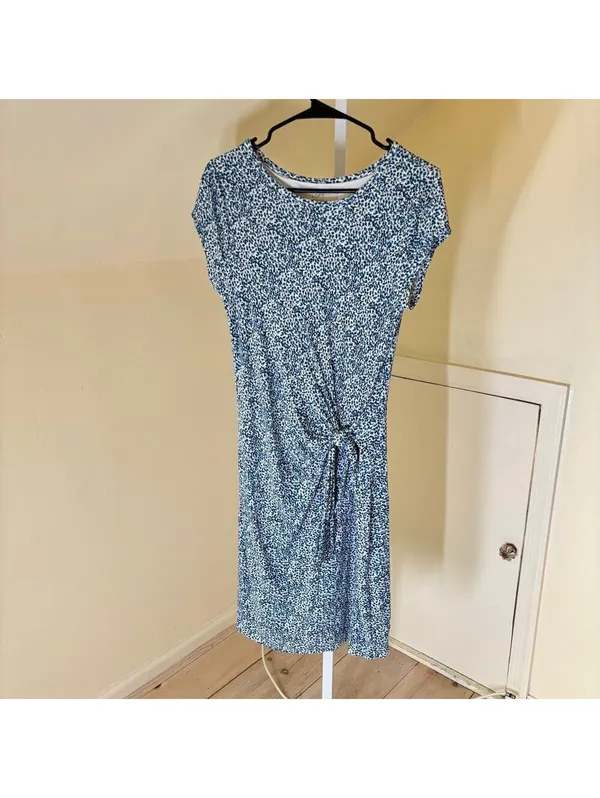 Loft EUC Women's Blue Floral Jersey Knit Faux Wrap Dress Short Sleeve S - Image 4