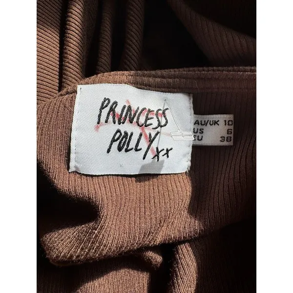 Princess Polly Brown Neive Long Sleeve Ribbed Ruched Mini Dress Size 6 - Image 7