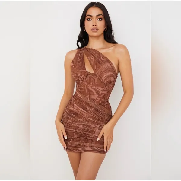 House of CB Women Clementine Mini Dress M Brown Swirl Cutout One-Shoulder Ruched - Image 2