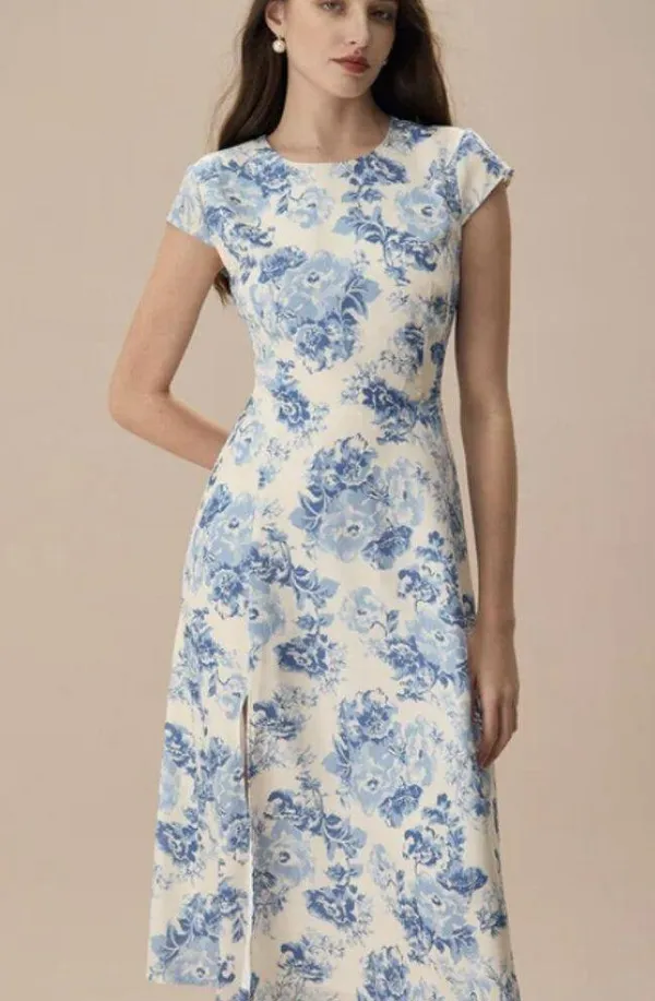 RIHOAS The Blue Round Neck Cap Sleeve Floral Midi Dress - Image 3
