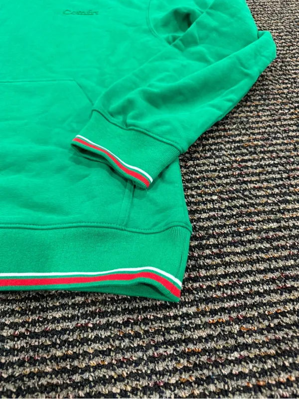 Comfort Colors Emerald Green Hoodie with Red & White Stripe Trim - Image 2