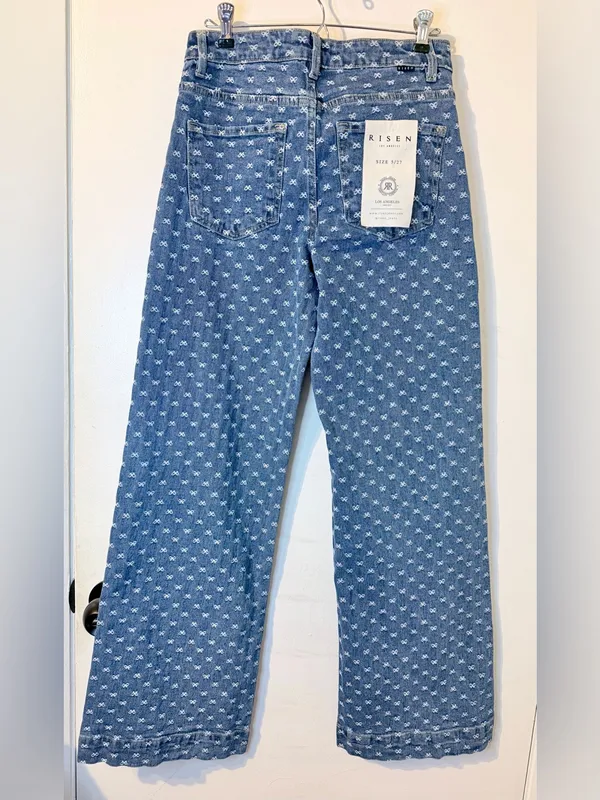 Risen Jeans 5/27 Wide Leg Blue Denim White Bow Embroidery NWT - Image 6