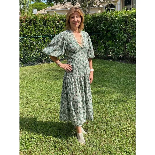 MARYSIA Green White Floral Printed 100% Cotton Drop Waist Imperialis Dress M - Image 13