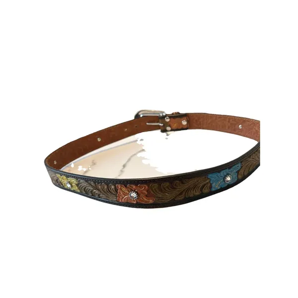 Nocona Womens Floral Tooled Leather Belt Rhinestone Hibiscus Western Brown Large - Image 2