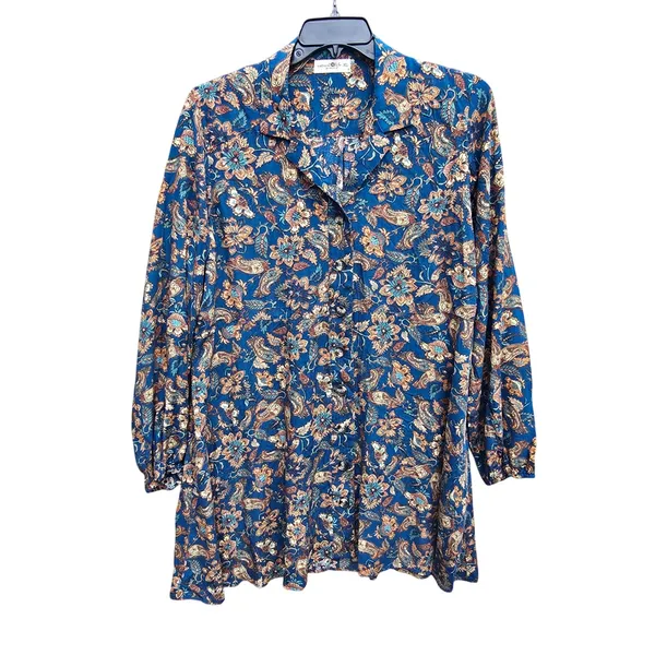 Natural Life Blue Floral‎ Paisley Button Front Mini Dress XL Long Sleeve Boho - Image 2