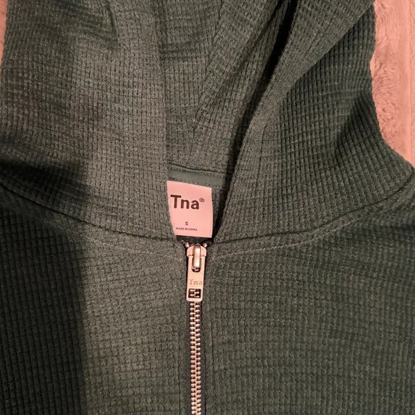 Tna Aritzia Waffle Knit Full Zip Hoodie Dark Green Cropped Thermal Sweater Small - Image 4