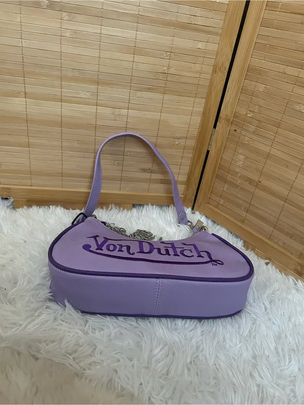 Von Dutch purple shoulder bag with chain charms purse tote handbag Y2K New - Image 3