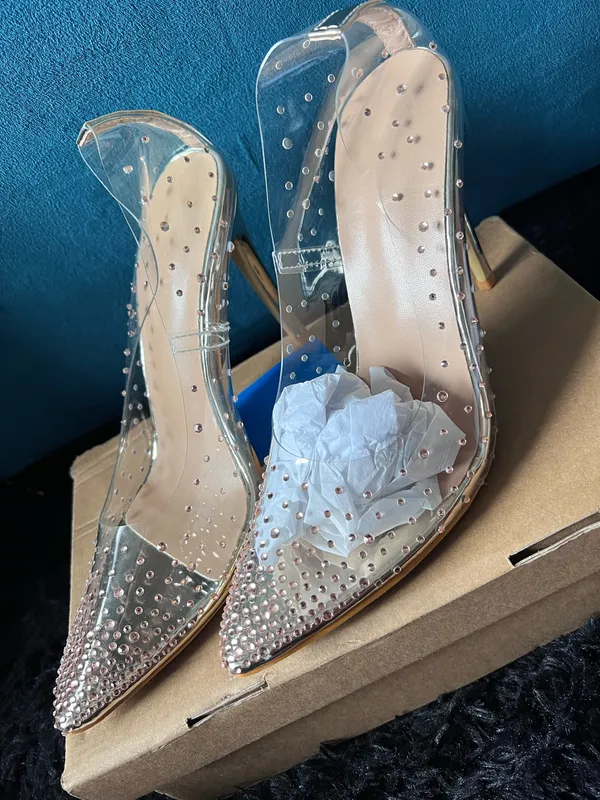 Women’s Clear Rhinestone Pointed Toe Stiletto Heels Gold Pumps US 8.5 EU 39 - Image 2