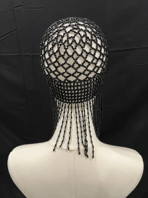 Black beaded headpiece with fringe #rave #festival #goth - Image 2