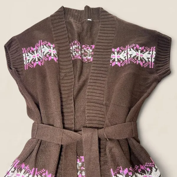 Brown vest | Boho Western Fair Isle Belted Cardigan Cottagecore Layering - Image 4