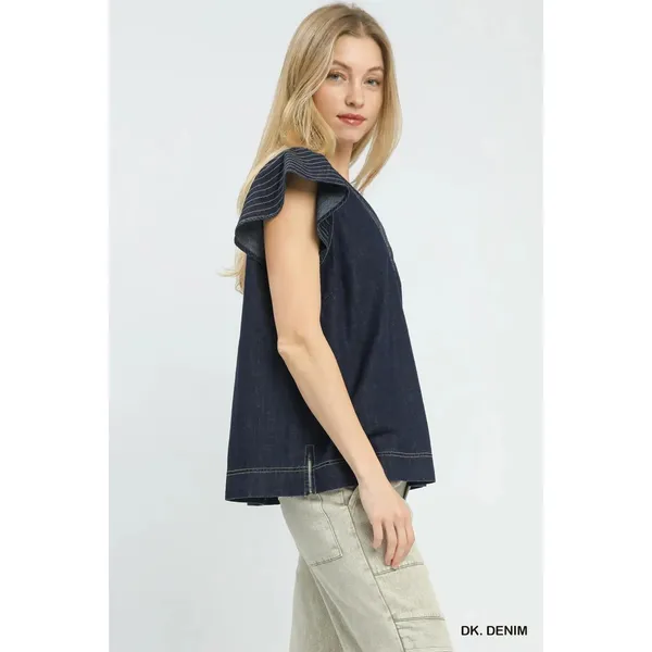 Umgee Cap Sleeve Denim Top - Dk. Denim - Small - Image 2