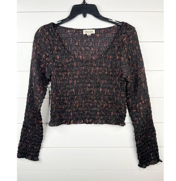 Open Edit Black Brown Ruche Smocked Long Sleeve Scoop Neck Crop Top Sz S - Image 2