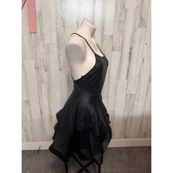 Eta Faux Leather Mini Dress Womens Medium Black Strappy Back Bubble Hem NWT - Image 3