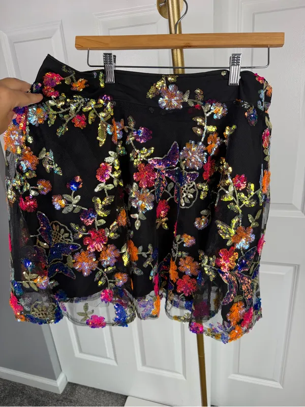 Impressions 1X Black Multicolor Floral Sequin Fit & Flare Mini Skirt NWOT - Image 2