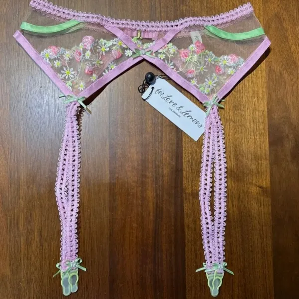 For Love & Lemons Victoria's Secret Lace Strawberry Garter Belt Pink Floral XS - Image 5