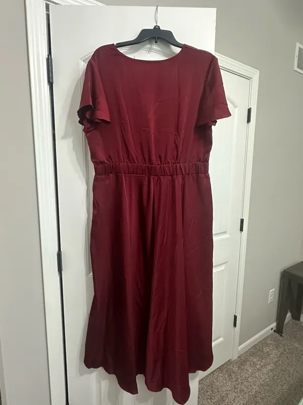 Womens Satin V Neck Ruffle Short Sleeve Tie Front High Waist Midi A-Line Maxi Dresses - Image 6