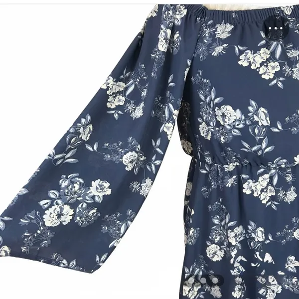 Altar'd State Navy Blue Floral Off-The-Shoulder Bishop Sleeve Mini Dress Small - Image 3