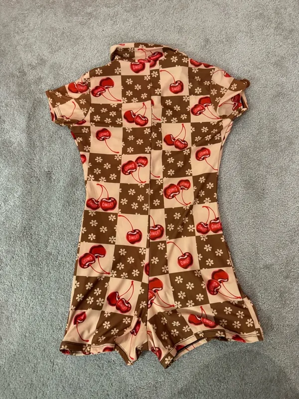 Brown, Cream & Red Cherry Print Romper Brown Size XS - Image 5