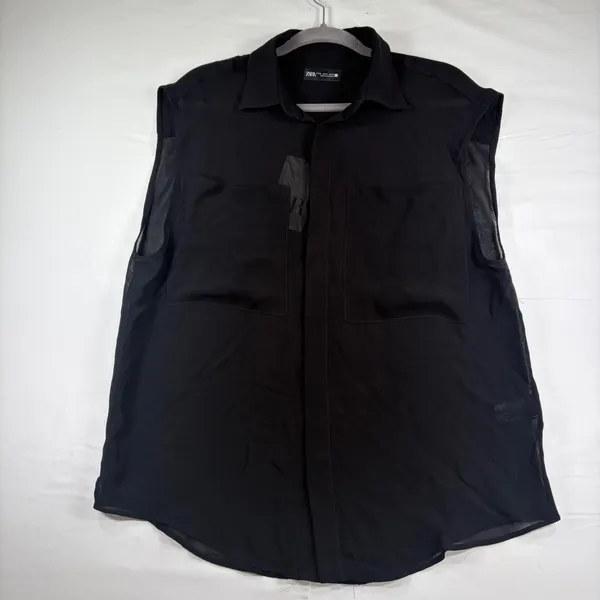 Zara Womens Black Sleeveless‎ Button Down Mesh Trim Pocket Shirt Medium NEW - Image 2