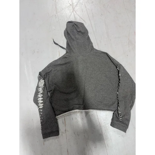PacSun Distressed Cropped Hoodie Charcoal Gray Shredded Sleeve Streetwear Pullover - Image 2
