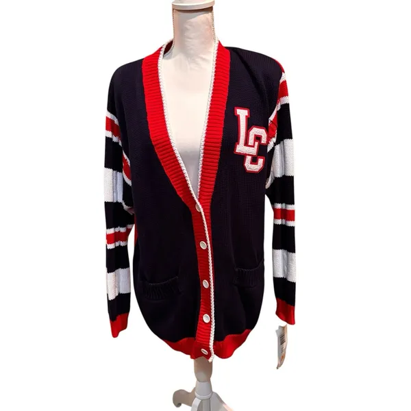 Vintage 90s‎ Lizsport Varsity Cardigan Sweater LC Red Navy Striped NWT Medium - Image 3