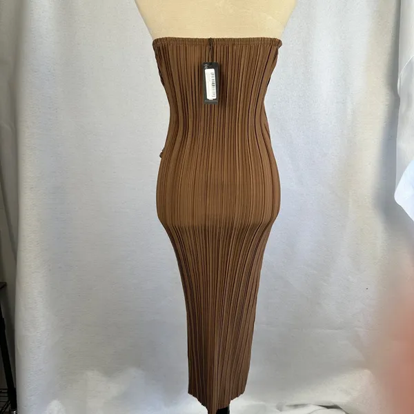 New PrettyLittleThing Chocolate Brown Plisse V Bar Tie‎ Waist Midi Dress Size 4 - Image 7