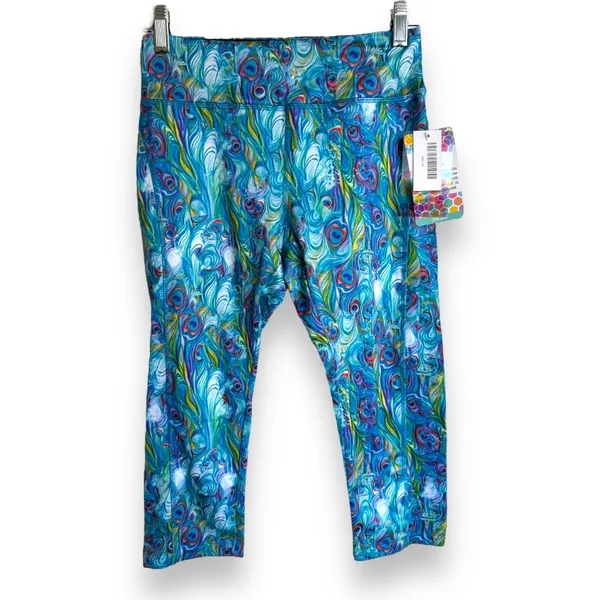 LuLaRoe Jade Peacock Feather Capri Leggings XS Blue Athletic Yoga Pants‎ NWT - Image 9
