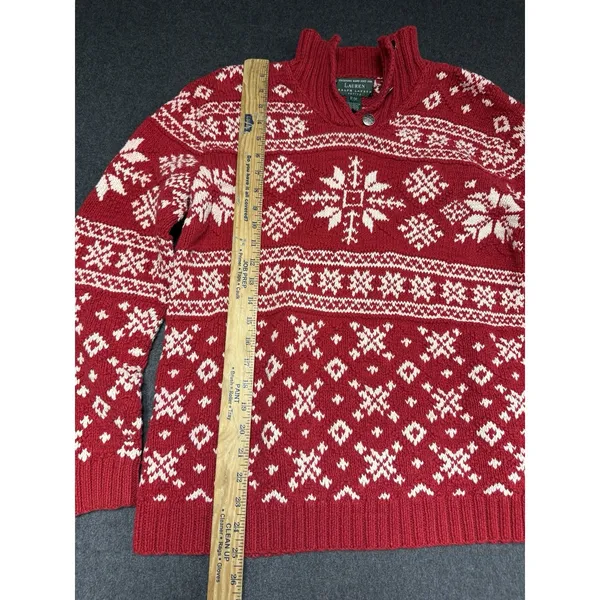 Vtg‎ Ralph Lauren Hand Knit Button Neck Sweater Red Nordic Snowflake P M - Image 5