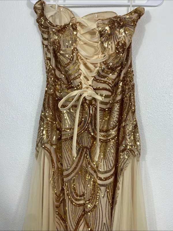 Strapless Gold Sequin Evening Column Dress Size L - Image 8