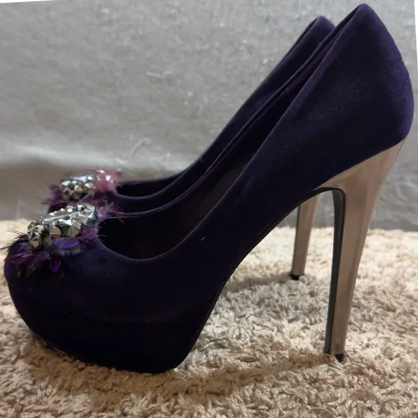 1665 | Aldo Bouch Jewel‎ Feather Embellished Platform Pump Purple Women 9 / 40 - Image 6